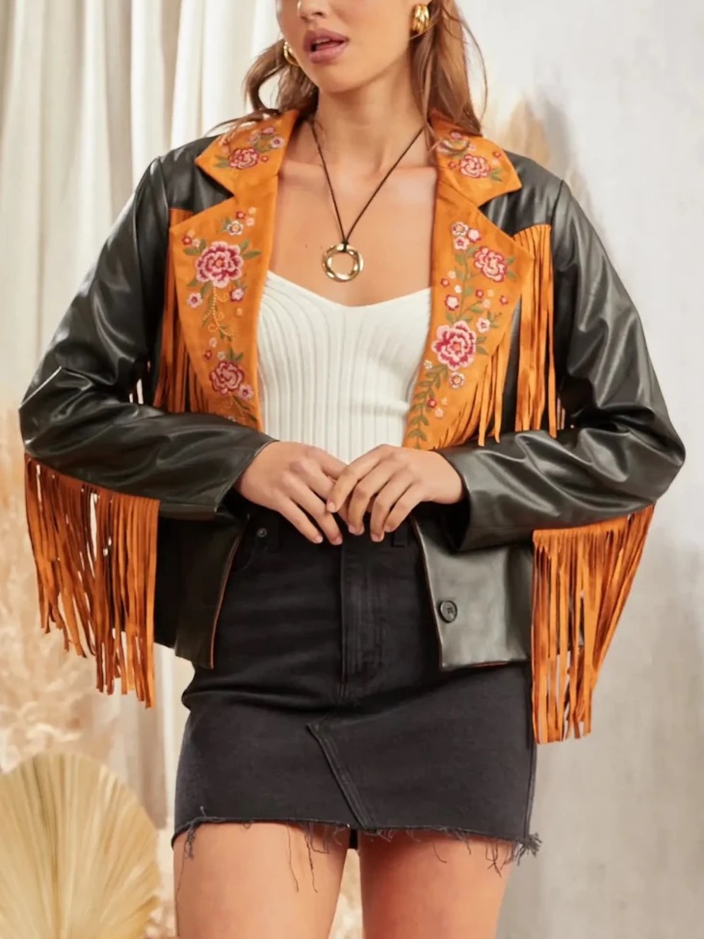 NWT Savanna Jane Black Faux Leather western Jacket Embroidered Fringe Collar M
